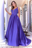 A Line Sleeveless V Neck Satin With Bowknot Sexy Floor Length Prom Dresses
