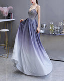 A Line Spaghetti Strap V Neck Sequin Beads Floor Length Prom Dresses With Lace Applique Rhinestone