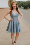 A-Line Spaghetti Straps Backless Blue Lace Homecoming Dress Rjerdress