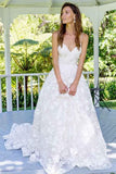 A Line Spaghetti Straps Backless V Neck Long Lace Wedding Dresses Bride Dresses RJS260