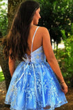 A Line Spaghetti Straps Blue Homecoming Dresses with Appliques V Neck Short Prom Dress H1285 Rjerdress