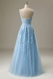 A Line Spaghetti Straps Blue Prom Dresses V Neck Lace Appliques Evening Dresses Rjerdress