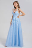 A Line Spaghetti Straps Blue Prom Dresses V Neck Lace Appliques Evening Dresses Rjerdress