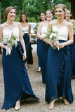 A-Line Spaghetti Straps Dark Blue Chiffon Bridesmaid Dresses With Ruffles Sweetheart Rjerdress