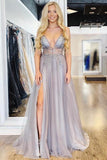 A Line Spaghetti Straps Deep V Neck Beads Tulle Prom Dresses with High Split RJS979