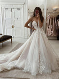 A Line Spaghetti Straps Deep V Neck Ivory Lace Appliques Wedding Dress, Chic Ivory Bride Dresses Rjerdress