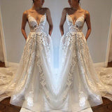 A Line Spaghetti Straps Deep V Neck Ivory with Pockets Tulle Open Back Wedding Dresses Rjerdress