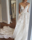 A Line Spaghetti Straps Deep V Neck Ivory with Pockets Tulle Open Back Wedding Dresses Rjerdress