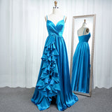 A Line Spaghetti Straps Elastic Satin Prom Dresses With Slit And Flounced Rjerdress