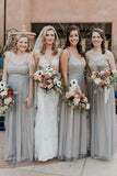 A-Line Spaghetti Straps Floor-Length Grey Chiffon Bridesmaid Dress with Sequins