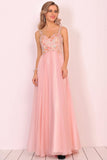 A Line Spaghetti Straps Formal Dresses Chiffon With Beads And Applique