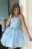 A Line Spaghetti Straps Homecoming Dresses with Appliques Short Cocktail Dresses RJS861