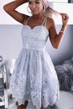 A-Line Spaghetti Straps Knee-Length Gray Lace Sweetheart Prom Homecoming Dress RJS657