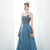 A-Line Spaghetti Straps Lace Up Back Beading Tulle Long Prom Dresses Rjerdress