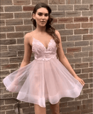 A Line Spaghetti Straps Pink Lace Appliques Jacquard V Neck Short Homecoming Dresses RJS995