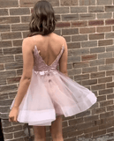 A Line Spaghetti Straps Pink Lace Appliques Jacquard V Neck Short Homecoming Dresses RJS995 Rjerdress