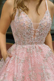 A Line Spaghetti Straps Pink Lace V-neck Modest Handmade Graduation Dress Prom Dress Rjerdress