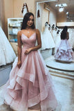 A Line Spaghetti Straps Pink V Neck Backless Prom Dresses Long Evening Dresses RJS804