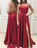 A Line Spaghetti Straps Red Sexy Side Slit Cheap Long Prom Dresses Stunning Evening Dresses Rjerdress