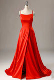 A Line Spaghetti Straps Red Sexy Side Slit Cheap Long Prom Dresses Stunning Evening Dresses Rjerdress