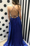 A-Line Spaghetti Straps Royal Blue Sleeveless Long Front Split Prom Dresses Rjerdress