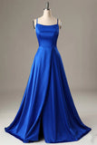 A-Line Spaghetti Straps Royal Blue Sleeveless Long Front Split Prom Dresses Rjerdress