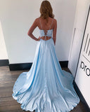 A Line Spaghetti Straps Satin With Slit Beading Sweep Train Prom Dresses Rjerdress