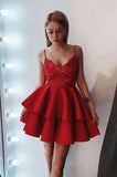 A Line Spaghetti Straps Short Red Tiered Homecoming Dress with Lace Cocktail Dresses