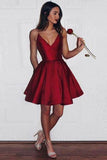 A-Line Spaghetti Straps Short V-Neck Dark Red Satin Homecoming Dress with Pockets RJS593