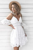 A-Line Spaghetti Straps Short White Lace Homecoming Dress Rjerdress
