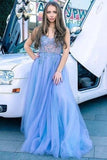A Line Spaghetti Straps Sky Blue Tulle Long Prom Dress With Appliques Rjerdress