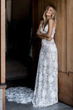 A Line Spaghetti Straps Sleeveless Ivory Backless Lace Appliques Wedding Dresses