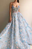 A Line Spaghetti Straps Sweetheart 3D Flower Applique Sky Blue Prom Dresses rjs426