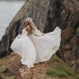 A Line Spaghetti Straps Sweetheart Chiffon Puff Sleeves Backless Beach Wedding Dresses Rjerdress