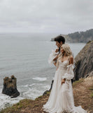 A Line Spaghetti Straps Sweetheart Chiffon Puff Sleeves Backless Beach Wedding Dresses Rjerdress