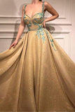 A Line Spaghetti Straps Sweetheart Gold Rhinestone Sparkly Appliques Prom Dresses RJS890