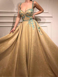 A Line Spaghetti Straps Sweetheart Gold Rhinestone Sparkly Appliques Prom Dresses RJS890 Rjerdress