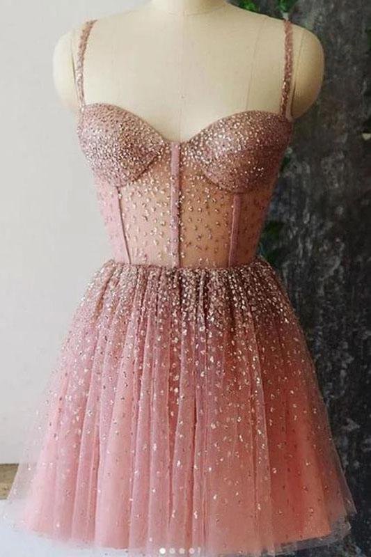 A Line Spaghetti Straps Sweetheart Tulle Beads Homecoming Dresses Short Cocktail Dresses H1306 Rjerdress