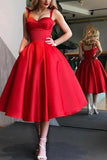 A-Line Spaghetti Straps Tea-Length Red Satin Prom Homecoming Dresses with Pockets Rjerdress