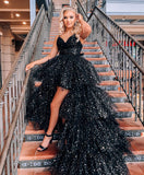 A Line Spaghetti Straps Tiered Tulle Black High Low Prom Dresses