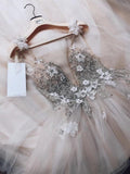 A Line Spaghetti Straps Tulle Beads V Neck Bride Dresses, Hand Made Flowers Wedding Dress RJS15031 Rjerdress