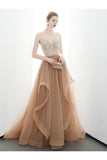 A-Line Spaghetti Straps Tulle Long Appliques Prom Dresses Formal Evening Dress Rjerdress