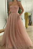 A Line Spaghetti Straps Tulle Long Prom Dresses, Pink Sequin Formal Evening Dreses