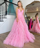A-Line Spaghetti Straps Tulle Tiered Princecss Prom Dress