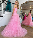 A-Line Spaghetti Straps Tulle Tiered Princecss Prom Dress Rjerdress
