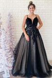 A Line Spaghetti Straps V Neck Backless Tulle Prom Dresses With Applique