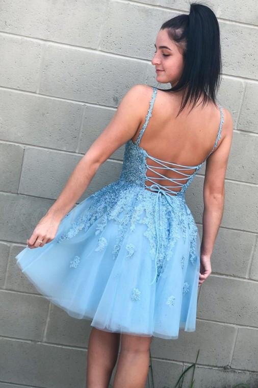 A Line Spaghetti Straps V Neck Blue Lace Appliques Homecoming Dresses with Lace up H1282 Rjerdress