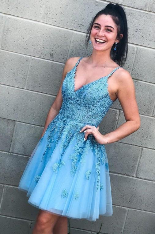 A Line Spaghetti Straps V Neck Blue Lace Appliques Homecoming Dresses with Lace up H1282 Rjerdress