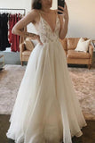 A-Line Spaghetti Straps V-Neck Floor Length Ivory Long Beach Wedding Dresses Rjerdress