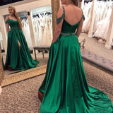 A Line Spaghetti Straps V Neck Green Beads Sleeveless Satin Prom Dresses Long Formal Dresses Rjerdress